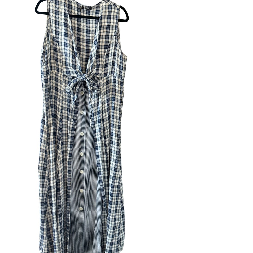Cottage Vintage 90s Newport News Blue White Plaid Gingham Tie Front Maxi Dress - Picture 2 of 9